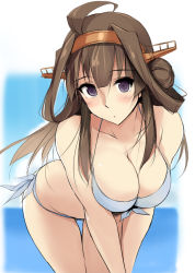 Rule 34 | 10s, 1girl, :o, ahoge, bare arms, bare legs, bare shoulders, bent over, bikini, blush, breasts, brown hair, cleavage, collarbone, double bun, female focus, front-tie top, hair intakes, hairband, headgear, horizon, kantai collection, kongou (kancolle), large breasts, leaning, leaning forward, legs, long hair, looking at viewer, ocean, purple eyes, side-tie bikini bottom, solo, standing, swimsuit, v arms, white bikini, zekkyon