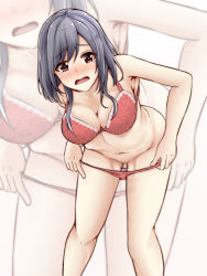 Rule 34 | 1girl, aga marino, black hair, blush, bra, breasts, cleavage, commentary request, embarrassed, kantai collection, large breasts, leaning forward, looking at viewer, navel, open mouth, panties, panty pull, pink bra, pink panties, red eyes, short hair, sidelocks, solo, tears, underwear, undressing, yamashiro (kancolle), zoom layer
