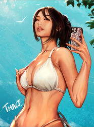 Rule 34 | 1girl, absurdres, artist name, asian, bikini, bird, breasts, brown eyes, brown hair, cleavage, collarbone, commentary, english commentary, hair over one eye, highres, holding, holding phone, leaf, looking at viewer, medium breasts, navel, original, parted lips, phone, photo-referenced, realistic, red lips, sky, smile, solo, swimsuit, tmact, toned, upper body, white bikini