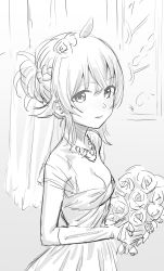 Rule 34 | 1girl, ahoge, blush, braid, breasts, character request, cleavage, closed mouth, copyright request, dress, flower, from side, gishu, gloves, greyscale, hair bun, hair flower, hair ornament, highres, idolmaster, jewelry, looking at viewer, looking to the side, monochrome, necklace, nose blush, single hair bun, sketch, small breasts, solo, upper body, veil, wedding dress