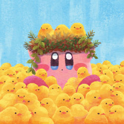 Rule 34 | animal, animal on head, bird, bird nest, bird on head, blue background, chick, chicken, highres, kirby, kirby (series), looking at viewer, miclot, nest, nest on head, nintendo, no humans, on head, sitting, too many, too many birds
