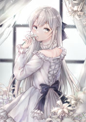 Rule 34 | 1girl, back bow, black bow, bow, closed mouth, detached collar, dress, flower, from behind, grey dress, grey eyes, grey hair, hair bow, hand up, highres, holding, holding flower, long sleeves, looking at viewer, looking back, original, solo, tsumugi 8345, white flower, window