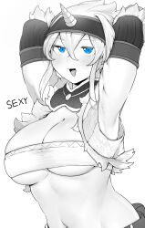 Rule 34 | 1girl, absurdres, armpits, arms behind head, arms up, bandeau, blue eyes, blush, breasts, detached sleeves, english text, fur trim, hairband, highres, horns, kirin (armor), large breasts, long sleeves, looking at viewer, monster hunter (series), navel, niwarhythm, open mouth, simple background, single horn, smile, solo, spot color, underboob, upper body