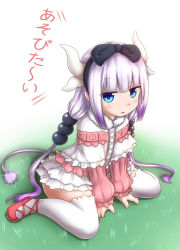 Rule 34 | 1girl, black bow, black hairband, blue eyes, blush, bow, capelet, child, expressionless, female focus, flat chest, full body, fur-trimmed capelet, fur trim, gradient hair, grass, hair bow, hairband, highres, horns, horokusa (korai), japanese text, jpeg artifacts, kanna kamui, kobayashi-san chi no maidragon, long hair, long sleeves, looking at viewer, miniskirt, multicolored hair, on ground, pink sweater, purple hair, red footwear, shoes, sidelocks, sitting, skirt, solo, sweater, tail, thighhighs, translation request, very long hair, wariza, white capelet, white horns, white skirt, white thighhighs