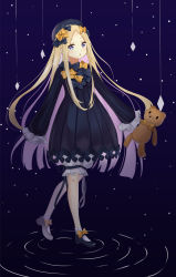 Rule 34 | 1girl, :o, abigail williams (fate), black bow, black dress, black hat, blonde hair, bloomers, bow, bug, butterfly, commentary request, dress, fate/grand order, fate (series), full body, hair bow, hands in opposite sleeves, hat, highres, hikashou, holding, holding stuffed toy, insect, long hair, long sleeves, looking at viewer, orange bow, parted bangs, parted lips, polka dot, polka dot bow, purple eyes, revision, ripples, sky, solo, star (sky), starry sky, stuffed animal, stuffed toy, teddy bear, underwear, very long hair, walking, white bloomers