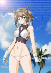 Rule 34 | 10s, 1girl, bad id, bad pixiv id, bare shoulders, blush, breasts, brown hair, chain, cloud, day, gloves, green eyes, headgear, kantai collection, large breasts, looking at viewer, midriff, mutsu (kancolle), navel, no pants, onaya masakazu, panties, personification, short hair, sky, solo, underwear, white gloves, white panties