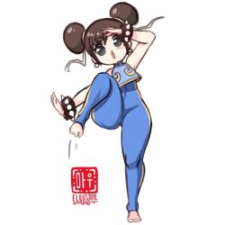 Rule 34 | 1girl, afro puffs, aged down, artist name, bare shoulders, barefoot, black eyes, blue bodysuit, bodysuit, bracelet, capcom, chun-li, covered navel, earrings, el quijote, female focus, fighting stance, flat chest, full body, jewelry, linea alba, navel, open mouth, short hair, solo, spiked bracelet, spikes, standing, street fighter, thick thighs, thighs, white background, wide hips