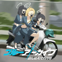 Rule 34 | 3girls, absurdres, black hair, black mask, blonde hair, blue archive, blurry, blurry background, commentary, copyright name, cropped shirt, driving, english commentary, fingerless gloves, gloves, halo, highres, logo, looking ahead, mask, motor vehicle, motorcycle, mouth mask, multiple girls, outdoors, ponytail, school uniform, serafuku, sukeban (mg) (blue archive), sukeban (smg) (blue archive), sukeban (sr) (blue archive), x, ziz (pandora707)