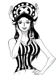 1girl bare_shoulders black_hair collarbone extra_arms female_focus hana_hana_no_mi hand_on_own_hip long_hair looking_at_viewer midriff monochrome navel nico_robin nishiponi one_piece smile solo striped_tank_top tank_top tony_tony_chopper tony_tony_chopper_(cosplay)