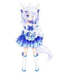 Rule 34 | 1girl, ;o, ahoge, animal ear fluff, animal ears, blue bow, blue choker, blue eyes, blue ribbon, blue skirt, blush, boots, bow, choker, detached sleeves, full body, hair bow, knee boots, long hair, long sleeves, one eye closed, original, parted lips, pleated skirt, ribbon, shikito (yawa0w0), shirt, silver hair, simple background, skirt, sleeves past fingers, sleeves past wrists, solo, standing, strapless, strapless shirt, tail, white background, white footwear, white shirt