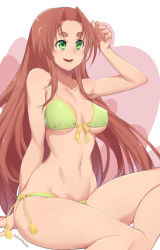 Rule 34 | 1girl, animification, bad id, bad pixiv id, bikini, brown hair, dc comics, eyebrows, front-tie top, green eyes, highres, long hair, navel, open mouth, side-tie bikini bottom, sitting, smile, solo, starfire, stormcow, swimsuit, teen titans, very long hair