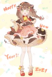 Rule 34 | 1girl, :o, absurdres, animal ears, bell, braid, brown hair, chinese zodiac, cow ears, cow girl, cow tail, dress, frilled socks, frills, green eyes, highres, huge filesize, lace ribbon, long sleeves, m ydayo, mary janes, nengajou, new year, open mouth, original, plaid, red footwear, red ribbon, ribbon, shoes, socks, solo, standing, tail, twin braids, year of the ox