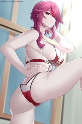 Rule 34 | 1girl, aslindsamure, ass, bare shoulders, bikini, breasts, from behind, from below, genshin impact, hair over one eye, highres, large breasts, long hair, looking at viewer, looking down, multicolored hair, pale skin, purple hair, red eyes, red hair, rosaria (genshin impact), shiny skin, sideboob, solo, swimsuit, two-tone hair