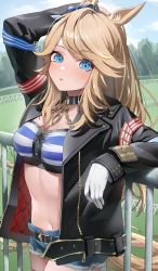Rule 34 | 1girl, absurdres, animal ears, arm up, bandeau, black choker, black jacket, blonde hair, blue eyes, blue sky, blush, breasts, choker, cleavage, cloud, commentary request, cowboy shot, cutoffs, day, denim, denim shorts, gloves, gold city (umamusume), highres, horse ears, jacket, large breasts, long hair, long sleeves, looking at viewer, midriff, navel, ningen mame, open clothes, open jacket, outdoors, parted lips, railing, short shorts, shorts, sky, solo, standing, stomach, strapless, striped bandeau, tube top, umamusume, white gloves