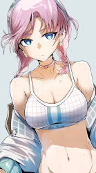 Rule 34 | 1girl, absurdres, arknights, bare shoulders, blue background, blue eyes, blue poison (arknights), blue poison (shoal beat) (arknights), braid, breasts, camisole, choker, cleavage, crop top, earrings, gin moku, hairband, highres, jacket, jewelry, long sleeves, looking at viewer, midriff, navel, o-ring, o-ring choker, off shoulder, official alternate costume, parted lips, pink choker, pink hair, scales, short hair, small breasts, solo, spaghetti strap, sports bra, stomach, sweat, twin braids, upper body, white jacket