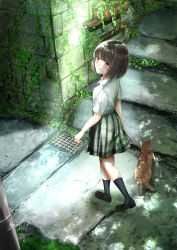 Rule 34 | 1girl, alley, black footwear, black necktie, black skirt, black socks, blush, bob cut, brown eyes, brown hair, cat, commentary request, dappled sunlight, day, from above, full body, grate, highres, kneehighs, loafers, looking at viewer, looking back, looking up, necktie, original, outdoors, plaid, plaid skirt, plant, planter, school uniform, sewer grate, shirt, shoes, short hair, short sleeves, signature, skirt, smile, socks, solo, soragane (banisinngurei), stairs, stone walkway, stone wall, sunlight, vines, wall, white shirt