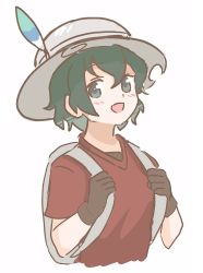 Rule 34 | 1girl, backpack, bag, black gloves, black hair, blue eyes, blush, commentary request, gloves, hat feather, helmet, highres, holding strap, kaban (kemono friends), kemono friends, looking at viewer, open mouth, pith helmet, red shirt, shirt, short hair, simple background, solo, t-shirt, tmtkn1, upper body, white background