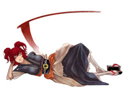 Rule 34 | 1girl, breasts, female focus, full body, hair bobbles, hair ornament, japanese clothes, large breasts, lying, on side, onozuka komachi, red eyes, red hair, sakamoto kengo, scythe, shoes, short hair, simple background, single shoe, solo, touhou, twintails, two side up, white background