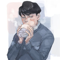 Rule 34 | 1boy, black hair, blush, eating, hands up, highres, male focus, mtmr 0721, sangatsu no lion, shigeta morio, simple background, solo, sweater, thick eyebrows, upper body