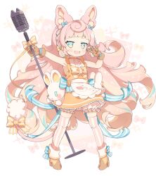 Rule 34 | 1girl, :d, absurdly long hair, absurdres, animal ears, apron, blue bow, blue eyes, bow, braid, brown gloves, chest bow, dress, full body, gloves, hair bow, highres, holding, holding microphone stand, indie virtual youtuber, korone pochi, long hair, microphone, microphone stand, mouse ears, mouse tail, open mouth, outstretched arm, pink hair, re pen (repen0pen), ribbon, sleeveless, sleeveless dress, smile, smug, solo, sparkle, striped bow, striped clothes, striped thighhighs, stuffed animal, stuffed mouse, stuffed toy, symbol-shaped pupils, tail, thick eyebrows, thighhighs, v, vertical-striped clothes, vertical-striped thighhighs, very long hair, virtual youtuber, waist apron, white apron, white background, yellow bow, yellow dress, zettai ryouiki