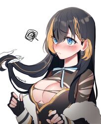 Rule 34 | 1girl, 1other, absurdres, anchor earrings, artist name, black hair, blue eyes, blush, braid, breasts, cleavage, earrings, from side, frown, gloves, highres, holding, holding own hair, jewelry, large breasts, long hair, multicolored hair, nijisanji, nijisanji en, non-web source, nose blush, nrnmarie, official alternate costume, official alternate hair length, official alternate hairstyle, open clothes, open shirt, orange hair, petra gurin, petra gurin (2nd costume), portrait, side braid, simple background, streaked hair, tareme, torn clothes, upper body, virtual youtuber