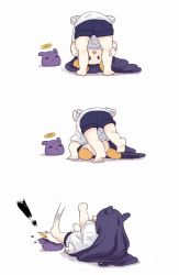 Rule 34 | !, 1girl, 3koma, accident, alternate age, animal ears, arm up, ass, barefoot, child, comic, crushed, from behind, halo, hololive, hololive english, long hair, looking through own legs, ninomae ina&#039;nis, open mouth, pointy ears, purple hair, shirt, shorts, simple background, solo, somersault, very long hair, virtual youtuber, white background, white shirt, yuuyu (777)