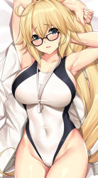 Rule 34 | 1girl, armpits, arms behind head, bed sheet, black-framed eyewear, blonde hair, blue eyes, blush, breasts, competition swimsuit, covered navel, cowboy shot, dakimakura (medium), fate/grand order, fate (series), glasses, jeanne d&#039;arc (fate), jeanne d&#039;arc (ruler) (fate), jeanne d&#039;arc (swimsuit archer) (fate), jeanne d&#039;arc (swimsuit archer) (second ascension) (fate), large breasts, long hair, looking at viewer, lying, on back, one-piece swimsuit, open mouth, ponytail, solo, swimsuit, tony guisado, whistle, white one-piece swimsuit