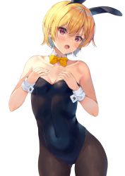 Rule 34 | 1girl, animal ears, black leotard, black pantyhose, blonde hair, blush, bow, bowtie, breasts, collarbone, commentary request, cowboy shot, detached collar, fake animal ears, hair between eyes, hands on own chest, highres, idolmaster, idolmaster shiny colors, leotard, looking at viewer, pantyhose, playboy bunny, purple eyes, rabbit ears, rabbit girl, rangen, saijo juri, short hair, simple background, small breasts, solo, strapless, strapless leotard, white background, wrist cuffs, yellow bow, yellow bowtie