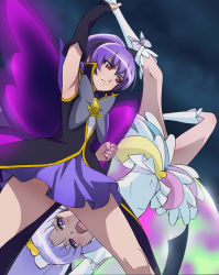 Rule 34 | 10s, 2girls, ankle grab, arm up, armpits, cure fortune, cure fortune (innocent form), cure tender, happinesscharge precure!, haruyama kazunori, hikawa iona, hikawa maria, magical girl, multicolored clothes, multicolored skirt, multiple girls, open mouth, precure, purple eyes, purple hair, red eyes, siblings, sisters, skirt, spoilers, wings