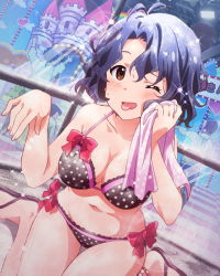 Rule 34 | 10s, 1boy, 1girl, :p, ;p, bikini, blue hair, blush, bow, breasts, brown eyes, castle, cleavage, dutch angle, idolmaster, idolmaster million live!, looking at viewer, messy hair, navel, official art, one eye closed, open mouth, polka dot, polka dot bikini, polka dot swimsuit, short hair, sitting, sparkle, stage lights, swimsuit, tongue, tongue out, towel, toyokawa fuka, wariza, wink