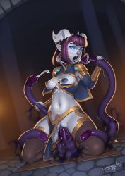 Rule 34 | 1girl, blue eyes, blue skin, breasts, colored skin, consensual tentacles, cum, cum on body, cum on breasts, cum on upper body, dr graevling, draenei, facial, gradient background, horns, monara (dr graevling), nipples, no panties, oral, pelvic curtain, penis, pointy ears, purple hair, short hair, solo, tentacle sex, tentacles, thighhighs, uncensored, vaginal, warcraft