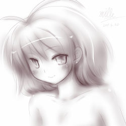 Rule 34 | 1girl, blush, dated, long hair, mille, monochrome, simple background, smile, solo, upper body, white background