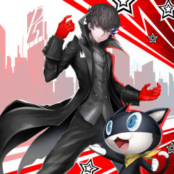 Rule 34 | 10s, 1boy, :3, :d, amamiya ren, black hair, brown eyes, cat, coat, fang, gloves, male focus, morgana (persona 5), omoti (1201208), open clothes, open coat, open mouth, pants, parted lips, persona, persona 5, red gloves, smile, solo, standing, star (symbol), vest