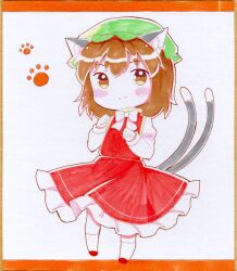 Rule 34 | 1girl, animal ear fluff, animal ear piercing, animal ears, blush, bow, bowtie, brown eyes, brown hair, cat ears, cat tail, chen, chibi, closed mouth, commentary request, earrings, ellipsis (mitei), frills, full body, green hat, hair between eyes, hands up, hat, highres, jewelry, juliet sleeves, long sleeves, looking at viewer, mob cap, multiple tails, nekomata, paw pose, paw print, paw print background, petticoat, puffy long sleeves, puffy sleeves, red skirt, red vest, shikishi, short hair, simple background, single earring, skirt, skirt set, smile, solo, tail, touhou, traditional media, two tails, vest, white background, white bow, white bowtie