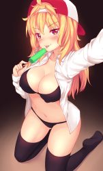 Rule 34 | 1girl, backwards hat, baseball cap, black bra, black panties, black thighhighs, blonde hair, blush, bra, breasts, cleavage, collared shirt, commentary, covered erect nipples, food, hat, highres, holding, holding food, kneeling, large breasts, long hair, long sleeves, navel, no pants, no shoes, nottytiffy, open clothes, open shirt, original, outstretched arm, panties, popsicle, reaching, reaching towards viewer, red eyes, selfie, shirt, soles, solo, thighhighs, tiffy (nottytiffy), tongue, tongue out, underwear, white shirt
