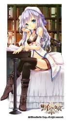 Rule 34 | 1girl, age of ishtaria, bed, bikini, bikini top only, blue eyes, book, bookshelf, boots, bracelet, breasts, brown footwear, character request, cleavage, copyright notice, cross-laced footwear, crossed legs, earrings, flower, garter straps, hair flower, hair ornament, hat, head rest, highres, jewelry, lace-up boots, lantern, long hair, navel, open book, reading, saeki touma, shorts, silver hair, sitting, smile, solo, swimsuit, table, thighhighs
