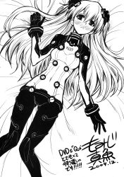 Rule 34 | artist request, bed, blush, bodysuit, breasts, covered navel, cowboy shot, embarrassed, evangelion: 2.0 you can (not) advance, hair between eyes, highres, impossible clothes, large breasts, long hair, looking at viewer, lying, monochrome, neon genesis evangelion, on bed, open mouth, plugsuit, rebuild of evangelion, shiny clothes, simple background, solo, souryuu asuka langley, test plugsuit, translation request, two side up, very long hair, wide hips