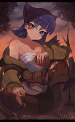 Rule 34 | 1girl, blue eyes, blunt bangs, boots, brown bag, brown pants, closed mouth, cloud, coin (pokemon), commentary request, creatures (company), eyelashes, facepaint, game freak, green jacket, highres, holding, holding poke ball, jacket, looking at viewer, medium hair, moon, nintendo, off shoulder, outdoors, pants, poke ball, poke ball (legends), pokemon, pokemon legends: arceus, purple hair, sitting, sky, solo, twilight, umiru