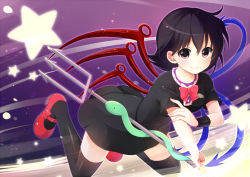 Rule 34 | 1girl, arm grab, asymmetrical wings, black hair, bow, dress, female focus, flying, gradient background, houjuu nue, index finger raised, legs up, light particles, light trail, looking at viewer, mary janes, nekosugi (hoshi), polearm, red eyes, shoes, short hair, smile, snake, solo, star (symbol), thighhighs, touhou, trident, weapon, wings, wrist cuffs, zettai ryouiki