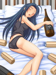 Rule 34 | 1girl, alcohol, ass, bed, beer can, black panties, blue hair, breasts, can, closed eyes, drink can, drunk, female focus, idolmaster, idolmaster (classic), long hair, lying, miura azusa, nightmare express, open mouth, panties, pillow, sake, sleeping, solo, underwear