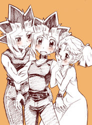 Rule 34 | 1girl, 2boys, bare shoulders, belt, blush, buckle, collar, dress, dual persona, dyed bangs, freckles, glasses, hair ribbon, hikari (mitsu honey), monochrome, multiple boys, muto yugi, open mouth, pants, partially colored, rebecca hopkins, ribbon, short twintails, simple background, sleeveless, spiked hair, sundress, sweatdrop, tank top, twintails, wristband, yami yugi, yu-gi-oh!, yu-gi-oh! duel monsters