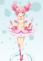 Rule 34 | 10s, 1girl, bow, colorized, dress, gloves, hair bow, highres, hoshino sora, kaname madoka, magical girl, mahou shoujo madoka magica, mahou shoujo madoka magica (anime), oruto (ort+), pink eyes, pink hair, ribbon, shoes, short twintails, solo, twintails