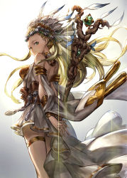 Rule 34 | 10s, 1girl, arms at sides, bare legs, bare shoulders, blonde hair, blush, bracelet, braid, branch, breasts, choker, closed mouth, dress, ecens, floating hair, from behind, gem, gradient background, gradient hair, granblue fantasy, highres, holding, jewelry, leaf, lens flare, long hair, looking at viewer, looking back, multicolored hair, outstretched arm, petra (granblue fantasy), profile, simple background, smile, solo, veil, very long hair, white dress, yellow eyes
