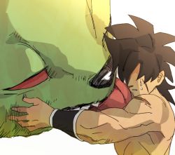 Rule 34 | 1boy, bad id, bad pixiv id, bah (dragon ball), black hair, broly (dragon ball super), close-up, crying, dragon ball, dragon ball super, dragon ball super broly, expressionless, hair over eyes, height difference, hug, licking, licking another&#039;s face, no eyes, scar, shaded face, simple background, tako jirou, tears, tongue, tongue out, topless male, upper body, white background, wristband