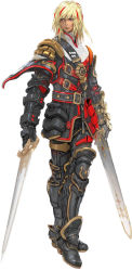 Rule 34 | 1boy, armor, bishounen, blonde hair, boots, buckle, crossed legs, expressionless, full body, gauntlets, gloves, greaves, highres, holding, holding sword, holding weapon, looking to the side, male focus, armored boots, multicolored hair, official art, red hair, scabbard, sheath, solo, standing, star ocean, star ocean integrity and faithlessness, streaked hair, surcoat, sword, thigh boots, thighhighs, victor oakville, watson cross, weapon, yasuda akira