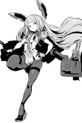 Rule 34 | 10s, 1girl, full body, gloves, greyscale, hand on own hip, high heels, kantai collection, ken (koala), long hair, looking at viewer, md5 mismatch, monochrome, murakumo (kancolle), pantyhose, smile, solo, very long hair, white background