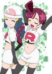 Rule 34 | 2girls, :d, arm behind head, arm up, beanie, blush, boots, braid, braided ponytail, chloe (pokemon), closed mouth, commentary request, cosplay, creatures (company), cropped jacket, dawn (pokemon), eyelashes, closed eyes, game freak, hainchu, hair ornament, hairclip, hat, highres, jacket, jessie (pokemon), jessie (pokemon) (cosplay), logo, long hair, multiple girls, nintendo, open mouth, pokemon, pokemon (anime), pokemon journeys, skirt, smile, split mouth, team rocket, team rocket uniform, thigh boots, thighhighs, tongue, white headwear, white jacket, white skirt