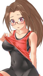 Rule 34 | 1girl, aimobake, aino nagisa, bad id, bad twitter id, basketball jersey, basketball uniform, bespectacled, black bodysuit, blush, bodysuit, bodysuit under clothes, breasts, brown hair, clothes lift, clothes pull, commentary, covered navel, glasses, hair intakes, highres, idolmaster, idolmaster cinderella girls, lifting own clothes, long hair, looking at viewer, looking over eyewear, medium breasts, open mouth, ponytail, purple eyes, red-framed eyewear, red shirt, semi-rimless eyewear, shirt, shirt lift, shorts, shorts pull, simple background, sitting, solo, sportswear, under-rim eyewear, white background