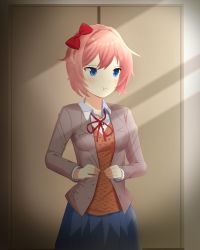 Rule 34 | 1girl, :t, absurdres, blazer, blue eyes, blue skirt, blush, bow, breasts, buttons, closet, cowboy shot, doki doki literature club, female focus, frown, grey jacket, hair bow, highres, indoors, jacket, light rays, littlewing1st, long sleeves, looking ahead, medium breasts, neck ribbon, open clothes, open jacket, orange vest, pink hair, pleated skirt, pout, red bow, red ribbon, ribbon, sayori (doki doki literature club), school uniform, short hair, skirt, solo, standing, sunlight, vest, wing collar