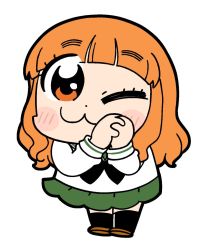 Rule 34 | 1girl, :3, bkub, black socks, blunt bangs, blush, brown footwear, chibi, commentary, dot nose, full body, girls und panzer, green skirt, hands up, highres, looking at viewer, one eye closed, ooarai school uniform, own hands together, pleated skirt, sailor collar, school uniform, serafuku, shoes, simple background, skirt, socks, solo, standing, takebe saori, thick eyebrows, wavy hair, white background